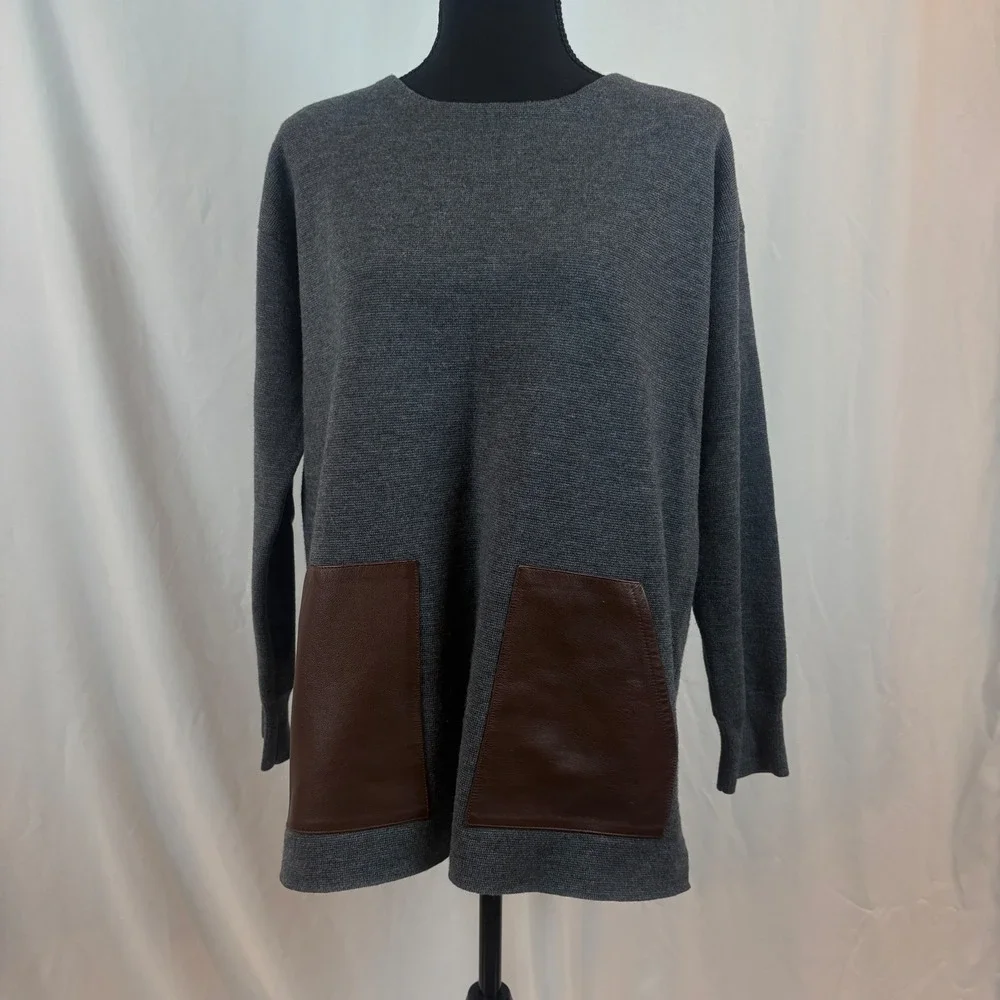 J. Crew Womens Merino Wool Leather Pocket Sweater Gray Pullover Size Medium